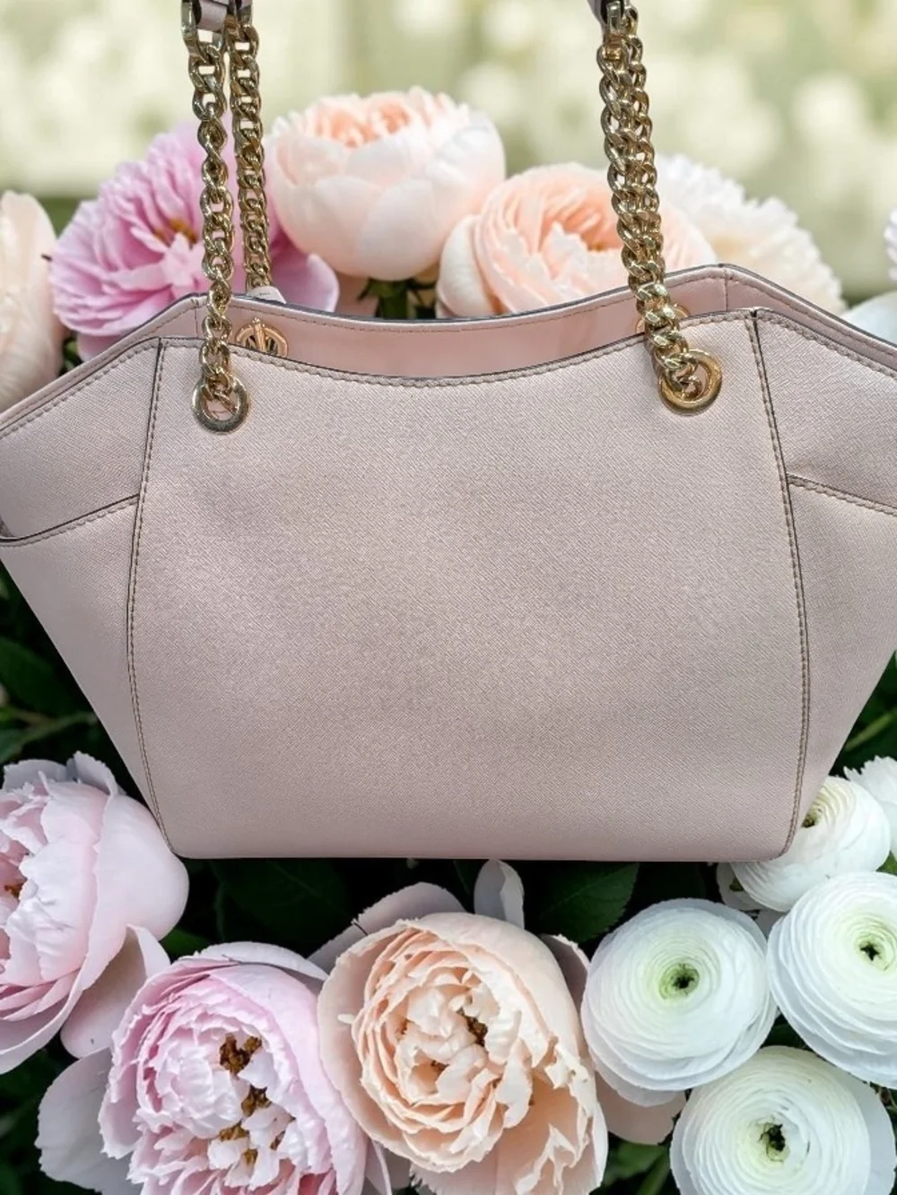 Michael Kors Pale Pink Saffiano Leather Shoulder Tote with Gold Hardware